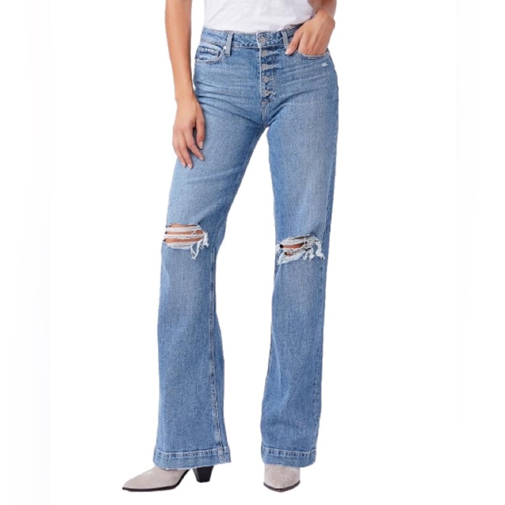 PAIGE Leenah Wide Leg Exposed Button Fly Jeans in Magda Destructed Wash / CROP